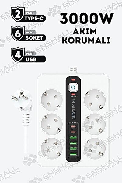 Enshall PRO P11 5X Priz 3000W Termal Akım Korumalı 4X USB 2X Type-c Girişli Çoklu Priz
