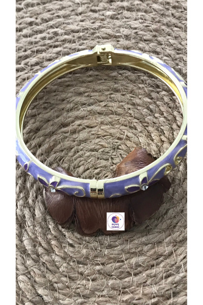 Alışveriş Kasabası Renkli Mineli Taşlı Çiçek Desenli Kelepçe Bileklik Mor