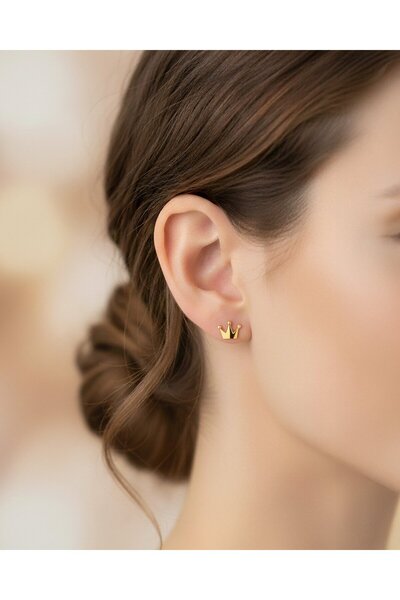 İNDİGO TAKI Minik Sade Kraliçe Tacı 14 Ayar Altın Küpe