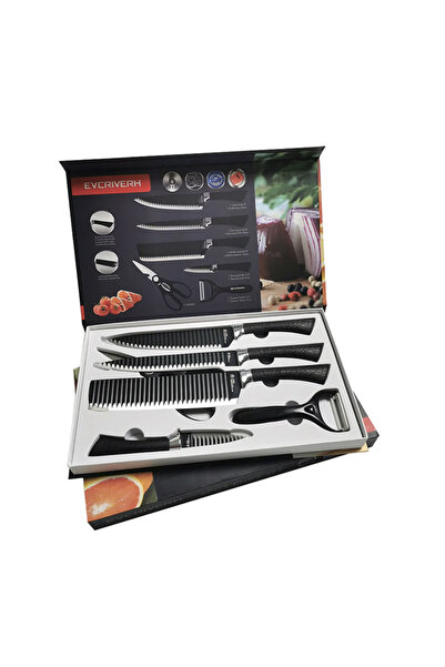 Everrich Mastercook 6 Piece Kitchen Set - 4 Premium Knives, Peeler & Multifunctional Scissors, Black