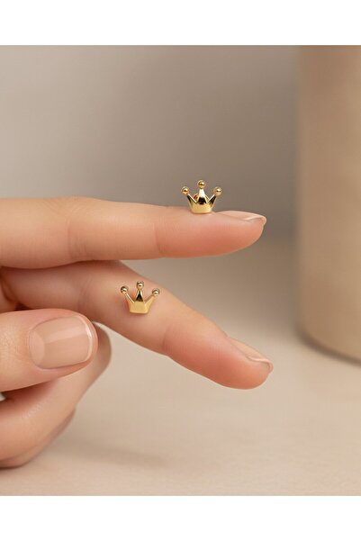 İNDİGO TAKI Minik Sade Kraliçe Tacı 14 Ayar Altın Küpe
