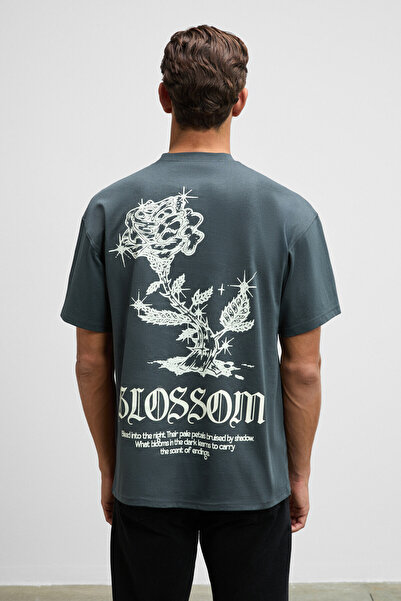 GRIMELANGE Vortex Men's Embroidered Chest and Printed Back 100% Organic Cotton Oversize Fit Crew Neck Anthracite T-Shirt