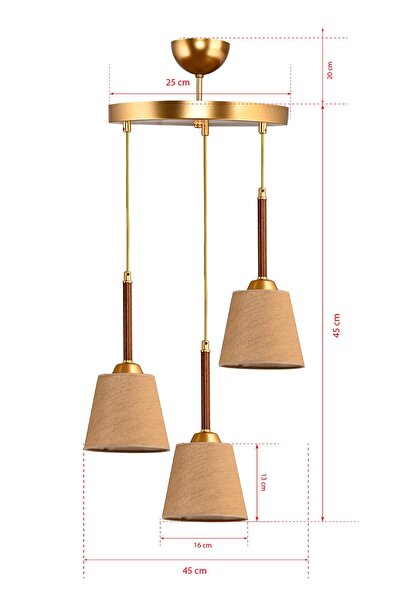 DEDE Üçlü Tepsili Sarkıt Avize Ceviz Gold Abajur Şapkalı
