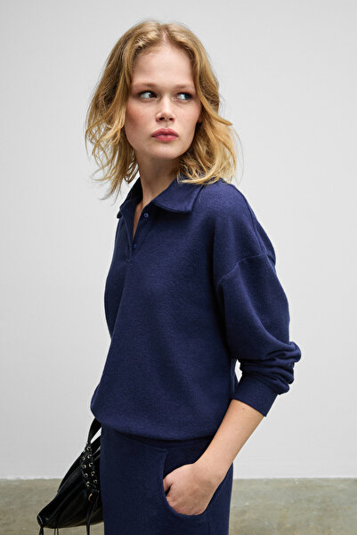 GRIMELANGE Silken Women's Soft and Flexible Fabric Polo Collar Navy Blue Sweatshirt