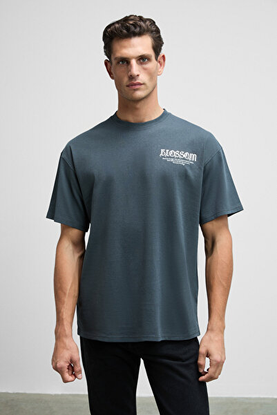 GRIMELANGE Vortex Men's Embroidered Chest and Printed Back 100% Organic Cotton Oversize Fit Crew Neck Anthracite T-Shirt