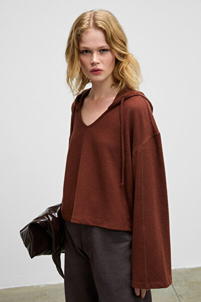 GRIMELANGE Essence women's soft and flexible fabric v-neck hooded brown sweat...