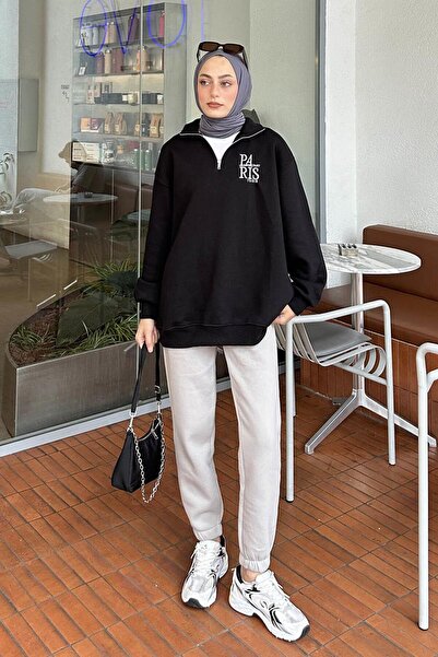 lamelif Παρισικό κεντημένο μαύρο φούτερ - γιακάς με φερμουάρ