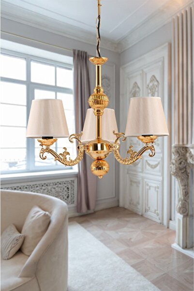 DEDE Üç Kollu Riga Zamak Avize Gold Abajur Şapkalı