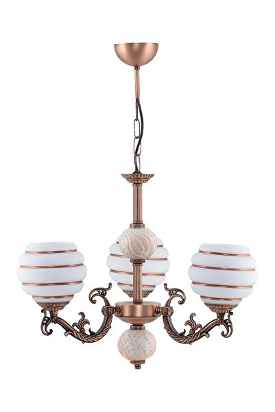 DEDE Üç Kollu Zamak Avize Bakır Krem Çinili Kahverengi Çizgili Beyaz Camlı