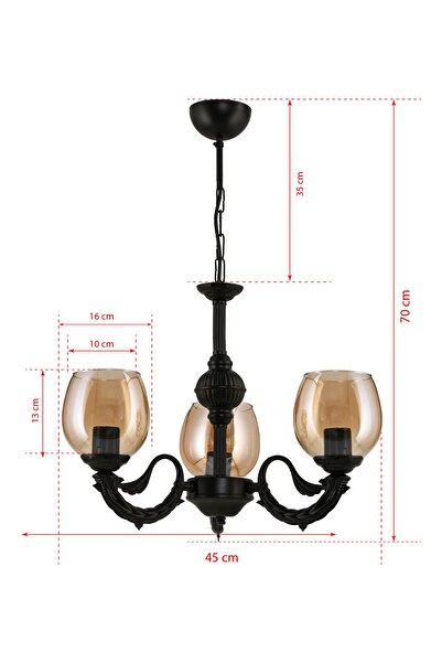 DEDE Üç Kollu Riga Zamak Avize Siyah Bal Rengi Camlı