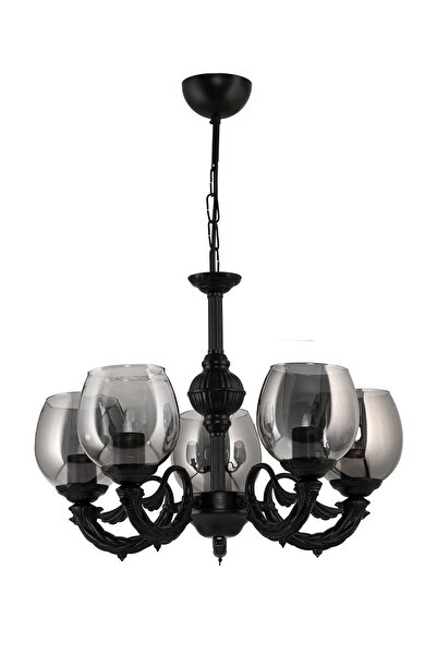 DEDE Beş Kollu Riga Zamak Avize Siyah Füme Rengi Camlı