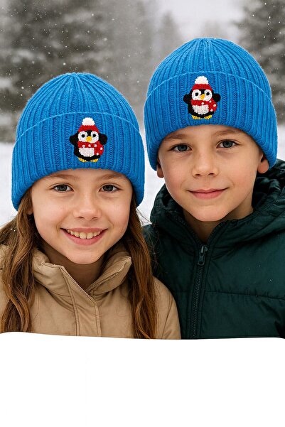 byebruketenci Новогодишен пингвин - детска синя вълнена шапка, с детайли във ...