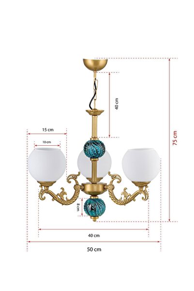 DEDE Üç Kollu Zamak Avize Beyaz Camlı Yeşil Çinili