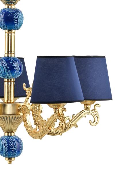 DEDE Beş Kollu Zamak Avize Gold Mavi Çinili Mavi Şapkalı