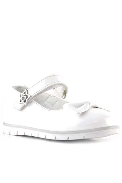 Rakerplus White Patent Leather Bow and Star Detailed Velcro Girls' Ballerinas