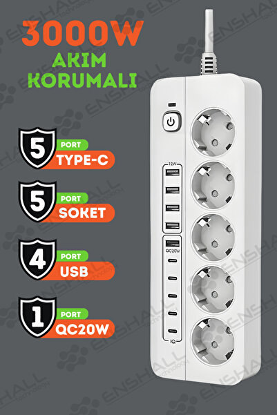 Enshall PRO P13 3000W Akım Korumalı 5 Girişli Type-c ve USB Girişli Uzatmalı Grup Priz