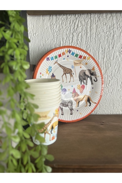 Partifabrik Parti Hayvanları Temalı Karton Tabak Bardak Set 8 tabak 8 bardak