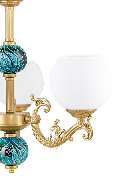 DEDE Üç Kollu Zamak Avize Beyaz Camlı Yeşil Çinili