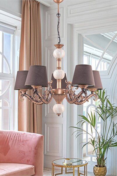 DEDE Beş Kollu Zamak Avize Bakır Krem Çinili Kahverengi Şapkalı