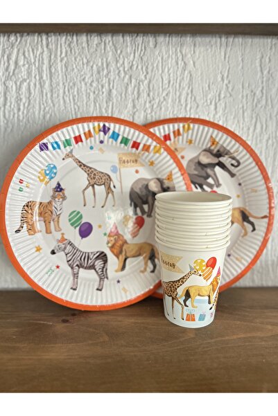 Partifabrik Parti Hayvanları Temalı Karton Tabak Bardak Set 8 tabak 8 bardak