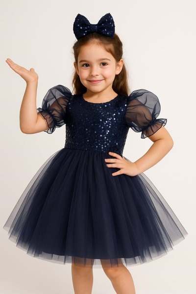 Mnk Baby&Kids Рокля туту с балон ръкав и пайети за момиче M00751, тъмносиньо