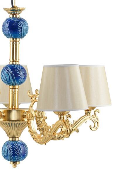 DEDE Beş Kollu Zamak Avize Gold Mavi Çinili Gold Şapkalı