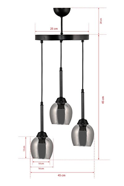 DEDE Üçlü Tepsili Sarkıt Avize Siyah Füme Çamlı
