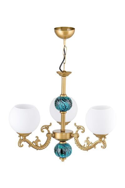 DEDE Üç Kollu Zamak Avize Beyaz Camlı Yeşil Çinili