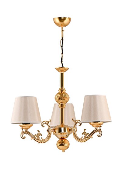 DEDE Üç Kollu Riga Zamak Avize Gold Abajur Şapkalı