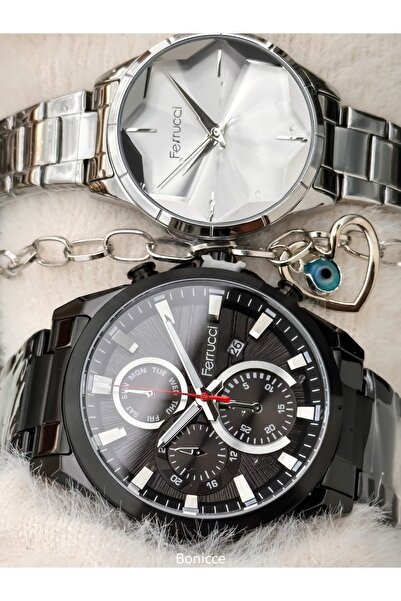 Ferrucci Marka Siyah Renk Çelik Kordon Sevgili Çift Kol Saatleri+Bileklik