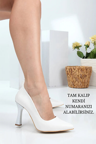 YASEMİN Pantofi cu toc clasic de 9 cm pentru femei, piele albă - Elsa