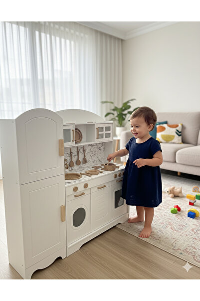 Özka Hobi Ahşap özka boyalı buzdolaplı mermer efektli mutfak seti (14 parça s...