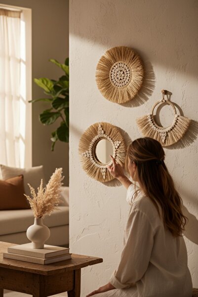 PearlHome Doğal Rafya Duvar Süsü Deniz Kabuklu Tazı boncuklu Duvar Süsü Duvar...