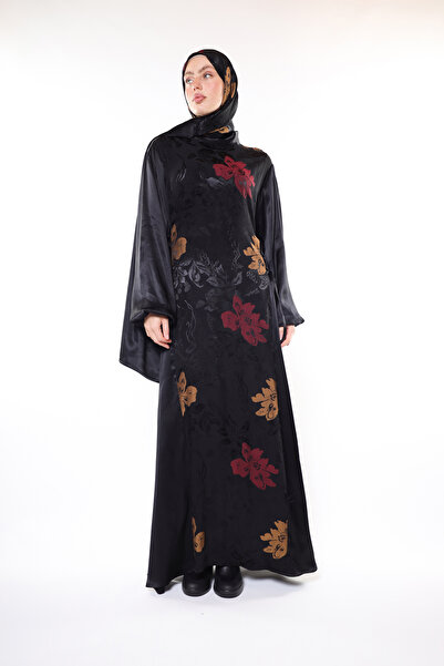 HARİKA WEAR فستان حجاب ساتان أسود فاخر منقوش بالزهور (يشمل الشال)