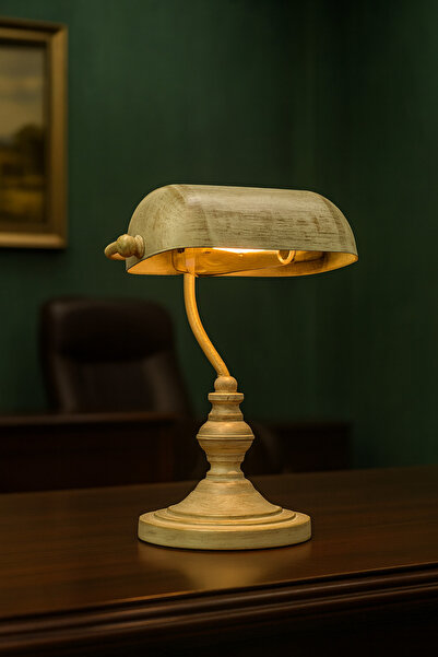 Venon Aydınlatma Aydınlatma Banker Masa Lambası Krem Sarı Patine Makam Lüks Ofis Lambası