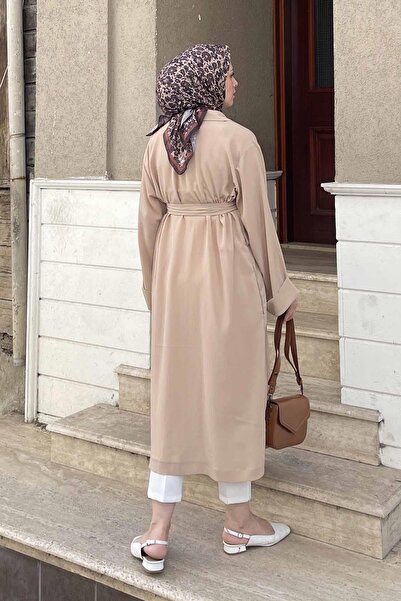 lamelif Milk Coffee Trench Coat - Elastic Sleeve Detail