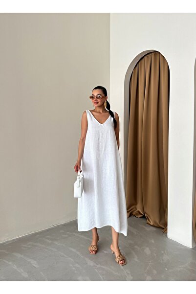 Laluvia Béžové šaty s hrubým popruhom zo 100 % ľanu