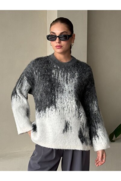 Laluvia Antracitový dvoubarevný vyvýšený svetr- 241158