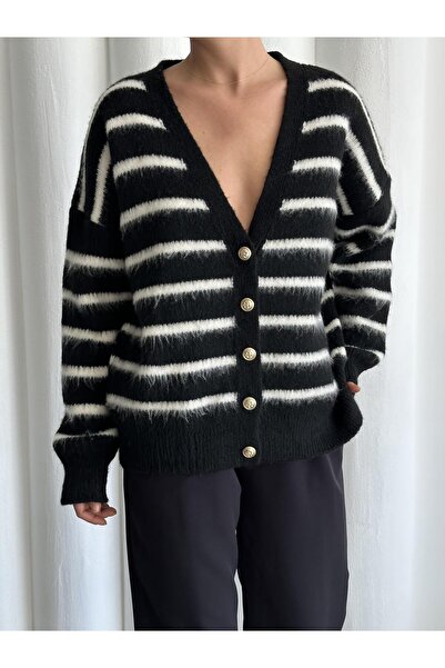 Laluvia Černo-ecru měkký kardigan s příčnými pruhy