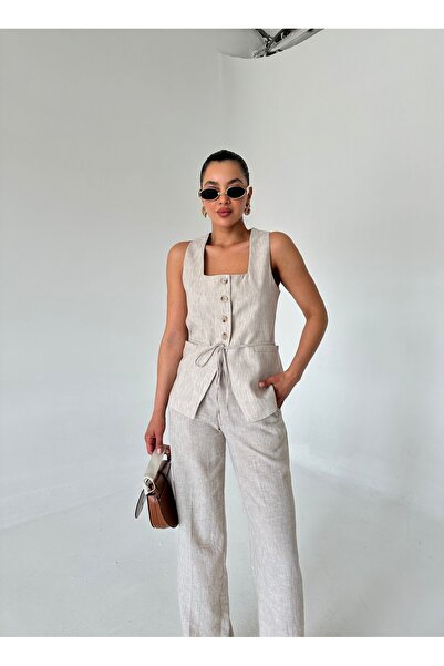 Laluvia طقم سراويل سترة بياقة مربعة بلون حجري