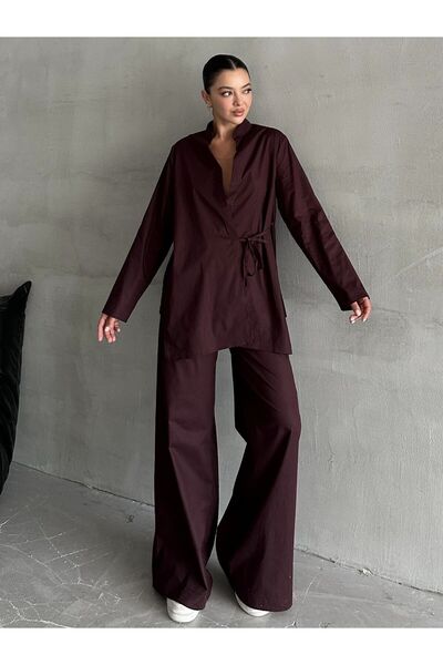 Laluvia طقم قميص وبنطلون هاكي هالي برباط جانبي