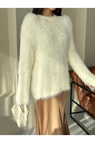 Laluvia Ecru plyšový chlupatý svetr se střapcem - 00022