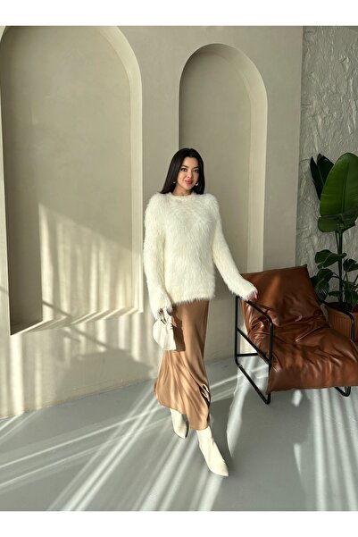 Laluvia Ecru plyšový chlupatý svetr se střapcem - 00022