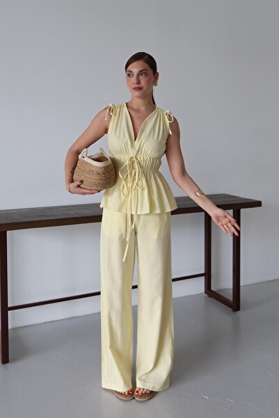 Laluvia Yellow 100% Cotton Shoulder Waist Gathered Blouse Pants Set