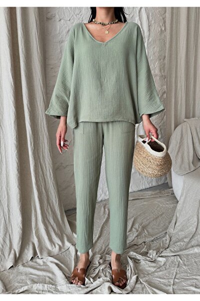 Laluvia Menta V-nyakú, alacsony vállú pamut muszlin szett