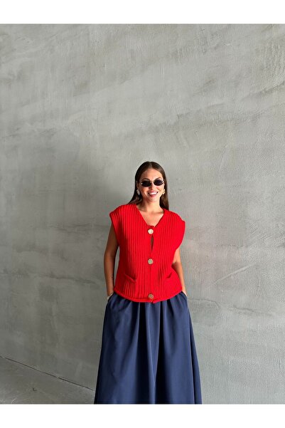 Laluvia Navy Blue Three Gold Button Sweater