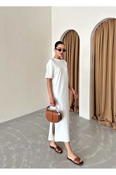 Laluvia Béžové dlhé tričkové šaty s detailom bočného rozparku a vreckami