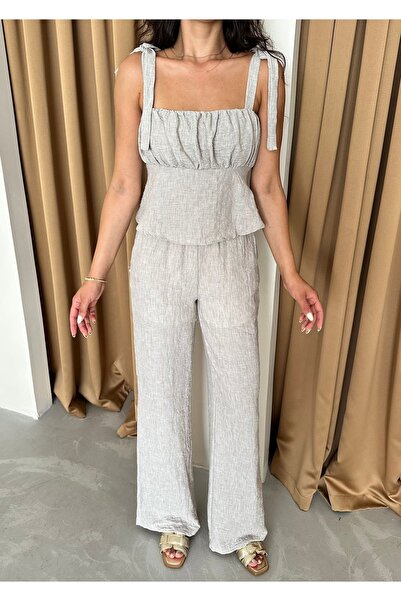 Laluvia Ecru Thick Straps Blouse Pants Set