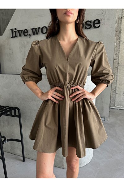 Laluvia Khakifarbenes Kleid mit V-Ausschnitt und Ballonärmeln