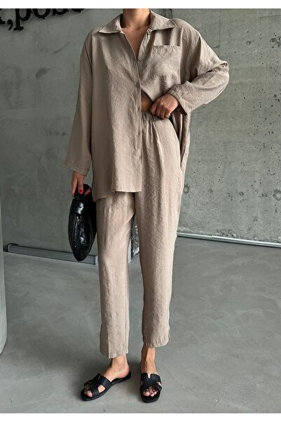 Laluvia Brown Modal Fabric Shirt Trousers Set